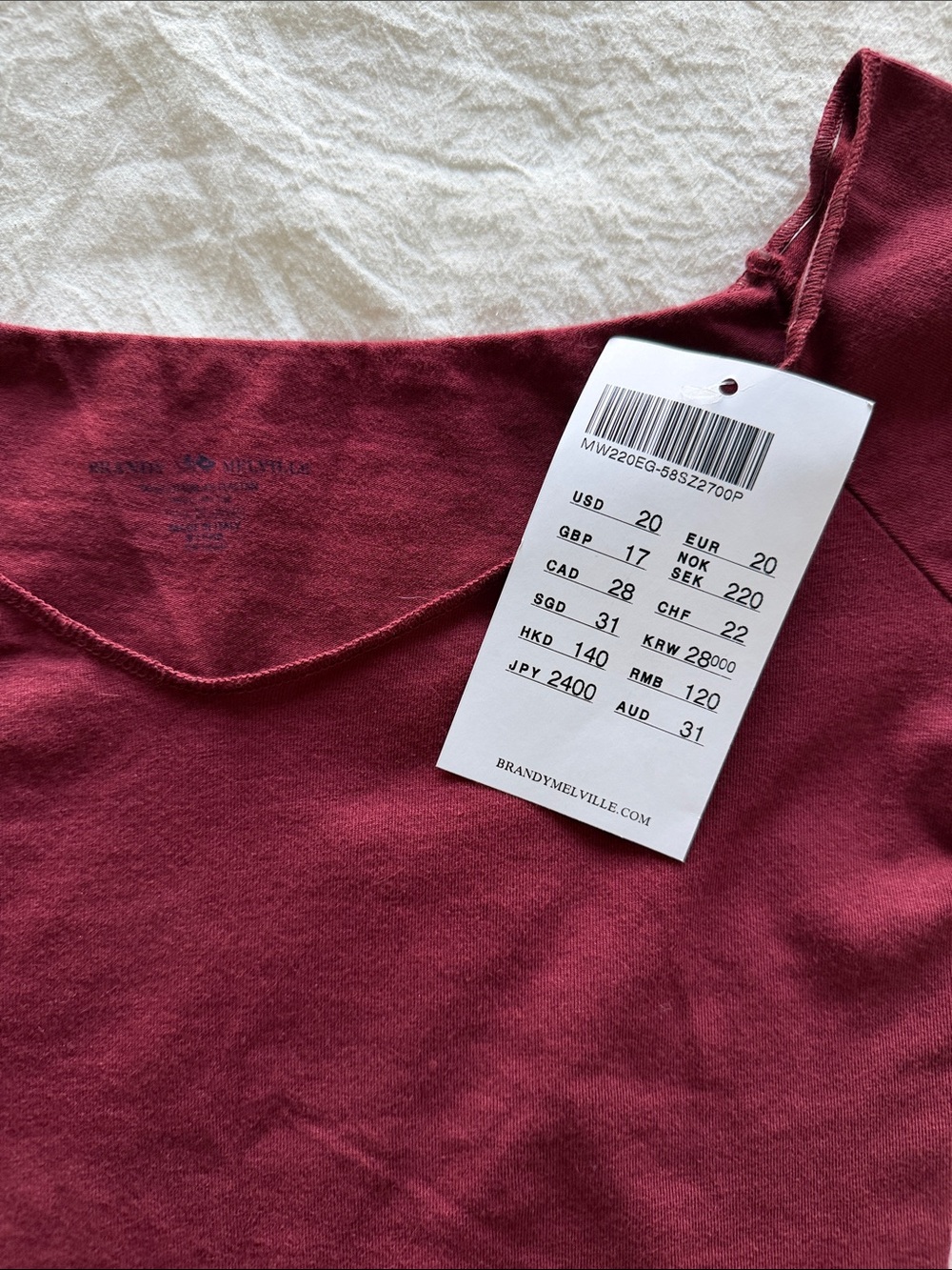 Brandy Melville Off-the-Shoulder V-Neck Long Sleeve Top - Burgundy - Picture 3 of 6